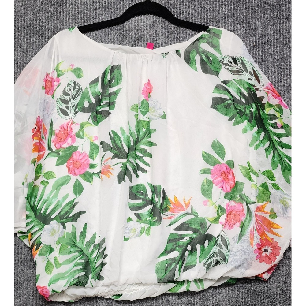 Vince Camuto Tropical Floral Blouse XL White Pink Green Chiffon Blouson Top